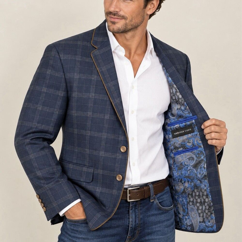Van Heusen Studio Mens Blazer Navy Plaid Paisley Lining Sport Coat Size 40
